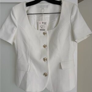 Zara White Short Sleeve Structured Blazer with Decorative Buttons